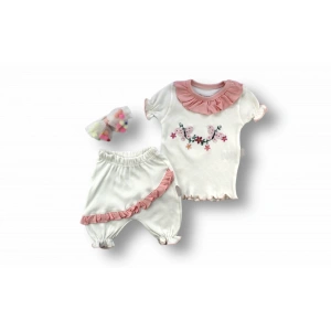 6-9 9-12 12-18 Ay Çiçek Nakışlı Roman Şalvar Bandanalı Kısa Kollu Sweat 3lü Kız Bebek Takımı Pudra