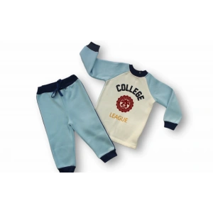 9-12 12-18 18-24 24-36 Ay College Baskılı 3 İplik Kumaş Uzun Kollu Sweatli 2li Erkek Bebek Takımı Mavi
