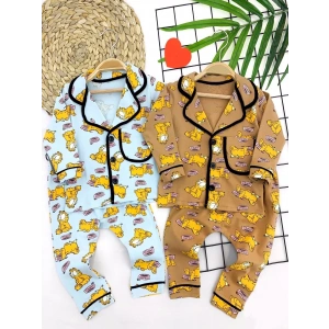 9-12-18-24 Ay Garfield Baskılı Düğme Kapamalı 2li Kız Erkek Bebek Pijama Takımı Kahverengi