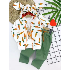 9-12-18-24 Ay Havuçlu Kulaklı Kapşonlu Fermuar Kapamalı 3lü Erkek Bebek Takımı Ekru