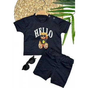 9-12-18-24 Ay Hello Gözlüklü Ayıcık Baskılı Şortlu Kısa Kollu Tişört 2li Erkek Bebek Takımı
