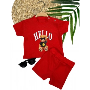 9-12-18-24 Ay Hello Gözlüklü Ayıcık Baskılı Şortlu Kısa Kollu Tişört 2li Erkek Bebek Takımı