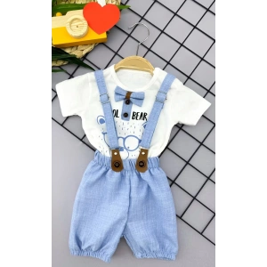 9-12-18-24 Ay Papyon Detaylı Keten Şort Salopet Tişörtlü 2li Erkek Bebek Takımı