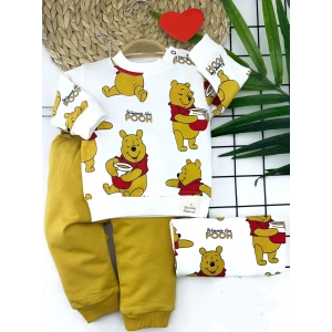 9-12-18-24 Ay Pooh Baskılı Yaka Çıtçıtlı Uzun Kollu Sweatli 2li Kız Erkek Bebek Takımı Sarı