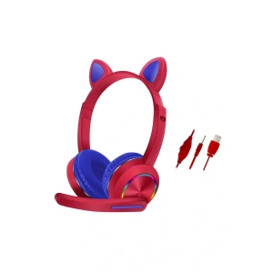 AKZ020 Kafa Üstü Işıklı Kedi Kulaklık - Kırmızı