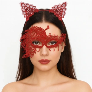 Alevin Zarafeti Kırmızı Dantel Maske Ve Taç Seti 4 No – Kadın Kostüm Tamamlayıcı (4172)
