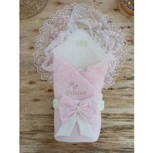 Bal Peteği My Princess Taç Nakış İnci Fiyonklu Dantel Duvaklı Delüks Kundak Bebek Battaniyesi Pembe