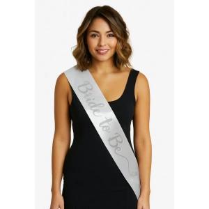 Beyaz Saten Üzerine El Yazısı İtalik Gümüş Bride To Be Kuşağı 10 Cm Genişlik (4172)