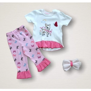 Ceylanın Rüyası Baskılı Bandanalı Kısa Kollu Sweat 3lü Kız Bebek Takımı Ekru