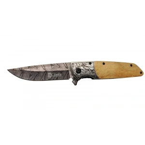 Columbia A2150C Kahve Kamp Çakısı 21cm- Manuel, Ahşap İşlemeli Sap,Kemerlikli