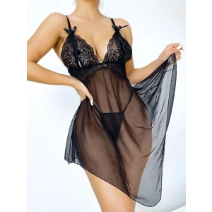 Dantel İşlemeli Kurdelalı Fantezi Siyah Gecelik Takımı