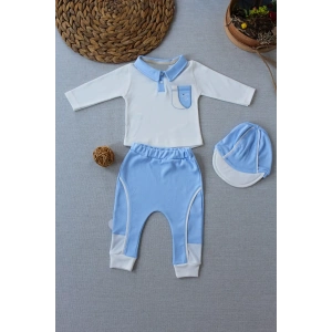 Efendi Nakışlı Cep Şapkalı Uzun Kollu Sweat 3lü Erkek Bebek Takımı Mavi