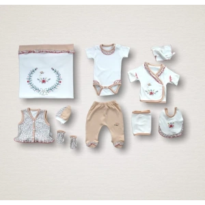 Erguvan Taç Nakışlı  Kız Bebek 10lu Zıbın Takımı Hastane Çıkışı Nar Çiçeği