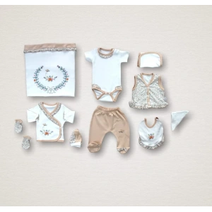 Erguvan Taç Nakışlı  Kız Bebek 10lu Zıbın Takımı Hastane Çıkışı Turuncu