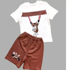 Fermuarlı Kedi Baskılı Şortlu Kısa Kollu Tişört 2li Erkek Bebek Takımı Kahverengi