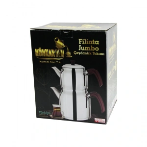 Filinta Jumbo Boy Çelik Çaydanlık Seti Çift Kapaklı Renkli Bakalit Kulp Üst Demlik: 2lt - Alt Suluk: 4lt Kendinden Süzgeçli (4172)