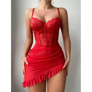 Fırfırlı Dantel İşlemeli Tül Fantezi Kırmızı Gecelik