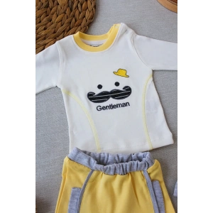 Gentleman Erkek Nakışlı Şapkalı Uzun Kollu Sweat 3lü Erkek Bebek Takımı Sarı