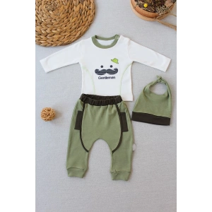 Gentleman Erkek Nakışlı Şapkalı Uzun Kollu Sweat 3lü Erkek Bebek Takımı Yeşil