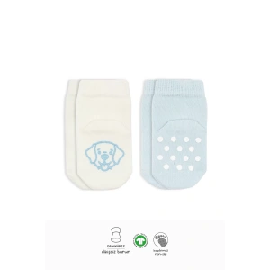 Hayvan Figürlü Kaymaz Soket Çorap 2li  Mavi Ekru