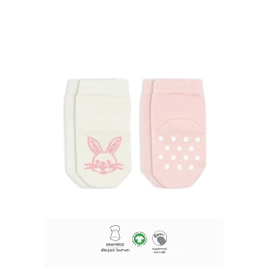 Hayvan Figürlü Kaymaz Soket Çorap 2li  Pembe Ekru