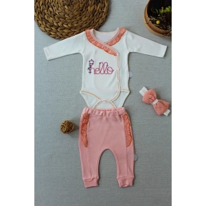 Hello Nakışlı Kruvaze Bandanalı Uzun Kollu Zıbınlı 3lü Kız Bebek Takımı Somon