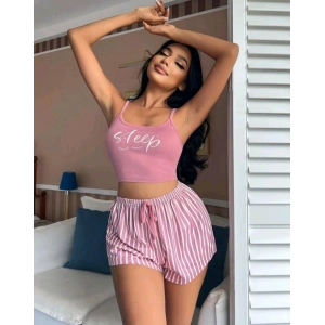 Kadın Pembe Çizgili Desen Askılı Şortlu Pijama Takım 9002