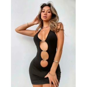 Kadın Siyah Halter Yaka  Akseusar Detaylı Boyundan Bağlamalı Fantezi Elbise 5138