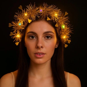 Kalp Püsküllü Gece Parıltısı 3 Modlu Led&apos;li Işıklı Taç Altın Renk (4172)