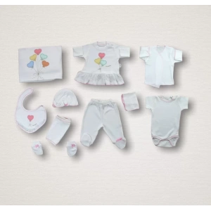 Kalpli Uçan Balon Nakışlı %100 Cotton Antibakteriyel 10lu Zıbın Takımı Hastane Çıkışı Ekru