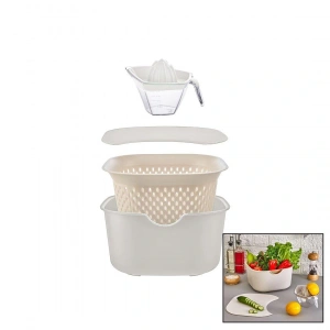 Krem 5pcs Mutfak Seti Pls.karıştırma Kap=4lt - Süzgeç=3.5lt - Kesim Pano - Sıkacak=0.25lt (4172)