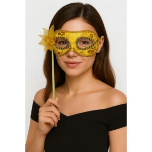 Lüks Taşlı Saplı Maskeli Balo Maskesi Altın Renk 35 Cm (4172)