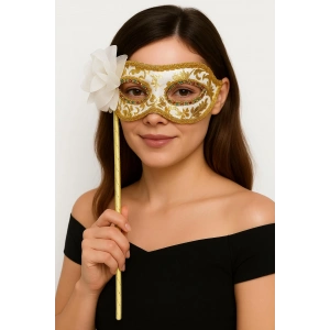 Lüks Taşlı Saplı Maskeli Balo Maskesi Beyaz Renk 35 Cm (4172)