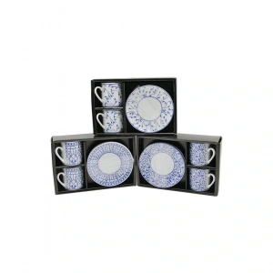 Mavi - Beyaz 4pcs=2-takım  Porselen Kahve Fincanı  Çiçek - Çizgi - Nokta Mix Desen (4172)