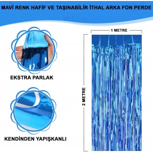 Mavi Renk Ekstra Metalize Parlak Saçaklı Arka Fon Perde İthal A Kalite 1x2 Metre (4172)