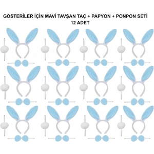 Mavi Tavşan Kostüm Seti – Taç, Papyon, Ponpon (12’li Paket) (4172)