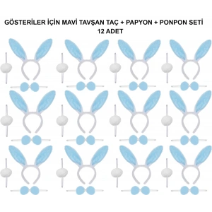 Mavi Tavşan Kostüm Seti – Taç, Papyon, Ponpon (12’li Paket) (4172)
