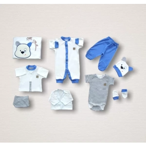 Minik Centilmen I Nakışlı %100 Cotton Antibakteriyel 10lu Zıbın Takımı Hastane Çıkışı Mavi