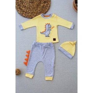 Minik Dino Nakışlı Şapkalı Uzun Kollu Sweat 3lü Kız-erkek Bebek Takımı Sarı