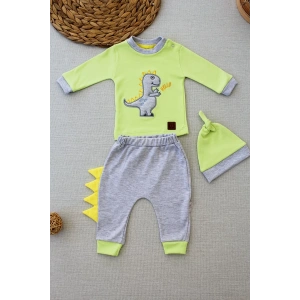 Minik Dino Nakışlı Şapkalı Uzun Kollu Sweat 3lü Kız-erkek Bebek Takımı Yeşil