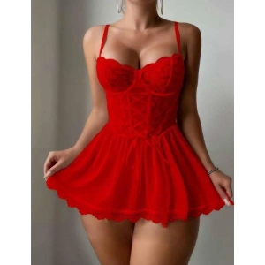 Özel Tasarım Kırmızı Dantel İşlemeli Tül Fantezi Gecelik