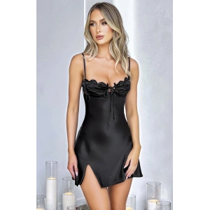 Özel Tasarım Yırtmaçlı İnce Askılı Dantel İşlemeli Siyah Mini Saten Gecelik