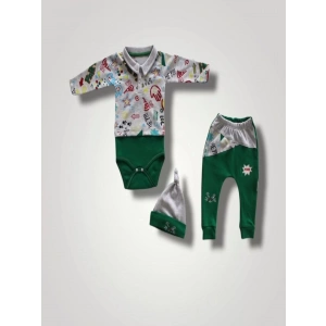 Power Kedi Nakışlı Uzun Kollu Zıbınlı Şapkalı3lü Kız Erkek Bebek Takımı Yeşil