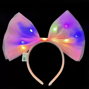 Rengarenk Led Işıklı Fiyonk Şekilli Tül Parti Tacı Pembe Renk 25x25 Cm (4172)