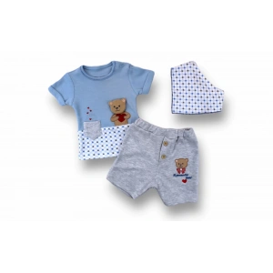 Romantik Ayıcık Nakışlı Bandajlı Kısa Kollu Sweatli 3lü Kız-erkek Bebek Takımı Mavi