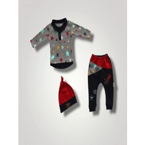 Samanyolu Yıldızlar Baskılı Uzun Kollu Sweat Şapkalı3lü Kız Erkek Bebek Takımı Lacivert