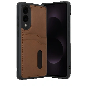 Samsung Galaxy S25 Edge Sara Kartvizitli Deri Kılıf - Taba