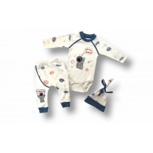 Şirin Kozmonot Nakışlı Şapkalı Uzun Kollu Zıbınlı 3lü Kız-erkek Bebek Takımı Ekru