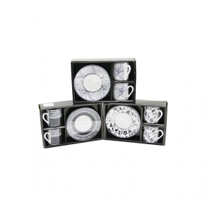 Siyah - Beyaz 4pcs=2-takım  Porselen Kahve Fincanı  Çiçek - Çizgi - Nokta Mix Desen (4172)