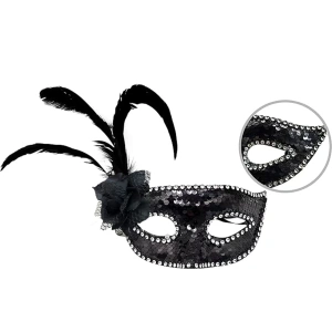 Siyah Renk Yandan Tüylü Güllü Gümüş Taşlı Pullu Maske 20x22 Cm (4172)